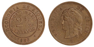 Chile - 2-1/2 Centavos 1886 (KM 150) Copper ... 