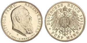 Deutschland - Bayern Otto 5 Mark 1911 D 90ø ... 