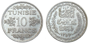Tunesien - Ahmad Pasha Bey 10 Francs AH1357 ... 
