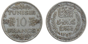 Tunesien - Ahmad Pasha Bey 10 Francs AH1356 ... 