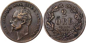 Sweden Kingdom Oscar I ( 1844-1859 ) 2 Ore ... 
