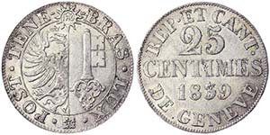 Switzerland Geneva  25 Centimes 1839 Geneva ... 