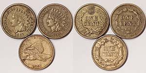United States  1 Cent Lot with 3 pcs.: 1857 ... 