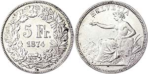 Switzerland 5 Francs 1874 Cleaned. DAV 376.  ... 