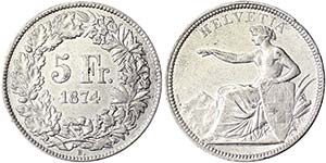 Switzerland 5 Francs 1874 DAV 376.  25.10 g. ... 