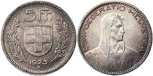 Switzerland 5 Francs 1923 KM 37.  25.07 g. ... 