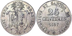 Switzerland Geneva 25 Centimes 1847 Geneva ... 