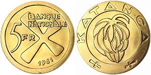 Katanga  5 Francs 1961 Au. Fr. 1.  13.35 g. ... 