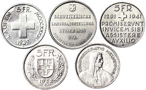 Switzerland LOTS  Lot 5 pcs.: 5 Francs 1939 ... 
