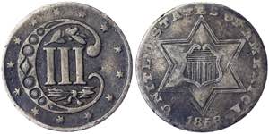United States  3 Cents 1858   0.74 g. F+