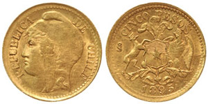 Chile Republic  Republic 5 Pesos 1895 ... 