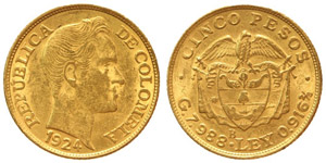 Colombia Republic  Republic 5 pesos 1924 KM ... 