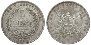 Uruguay Republic   1 Peso 1895 Edge defect. ... 