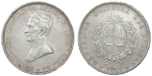 Uruguay Republic   1 Peso 1917 KM# 23.  ... 