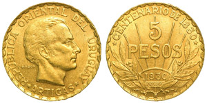 Uruguay Republic   5 Pesos 1930 KM# 27.  ... 