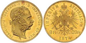 Franz Joseph I. 1848 - 1916  8 Gulden 1874 ... 