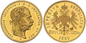 Franz Joseph I. 1848 - 1916  8 Gulden 1885 ... 