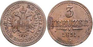 Franz Joseph I. 1848 - 1916  3 Kreuzer 1851 ... 