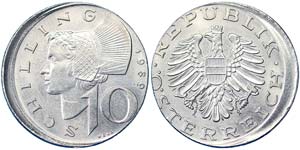 Austria Second Republic  10 Schilling 1989 ... 