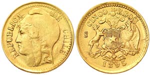 Chile Republic  5 Pesos 1895 Santiago Ø 17 ... 