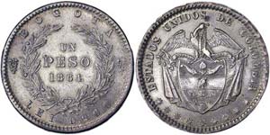 Colombia   1 Peso 1864 Ø 37 mm KM 139.1.  ... 