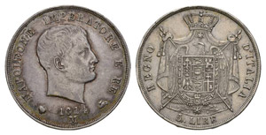 Kingdom Napoleon 1814M 5 Lire silver 25g KM ... 