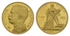 Italy 1912  50 Lire Gold 16.12g KM 4a ... 