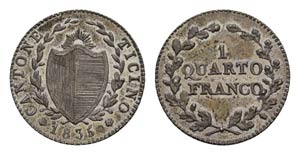 Schweiz Switzerland Tessin 1/4 Franken 1835. ... 