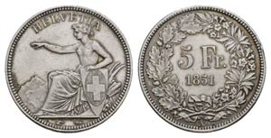 Switzerland Schweiz, AR 5 Franken 1851 ... 