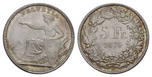 Switzerland Schweiz, AR 5 Franken 1874 B ... 