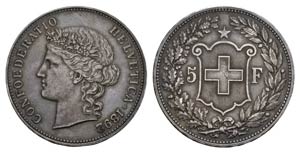 Switzerland Schweiz, AR 5 Franken 1892 B  ... 