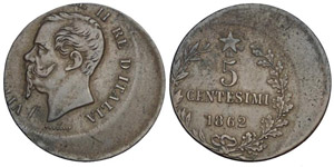 Regno d’Italia 5 Centesimi 1862 ... 