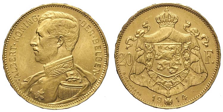 Belgium, Albert, 20 Francs 1914 ... 