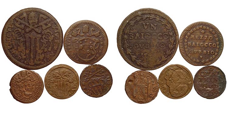 Gubbio, lotto di 5 monete papali ... 