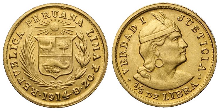 Perù, Republic, 1/5 Libra 1914, ... 
