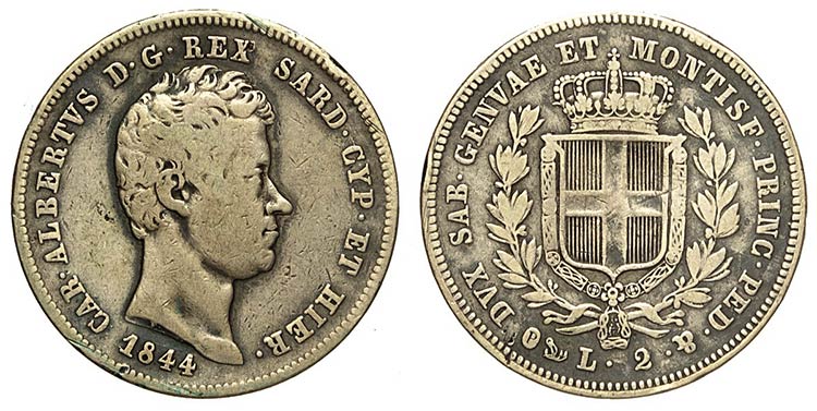Savoia, Carlo Alberto, 2 Lire 1844 ... 