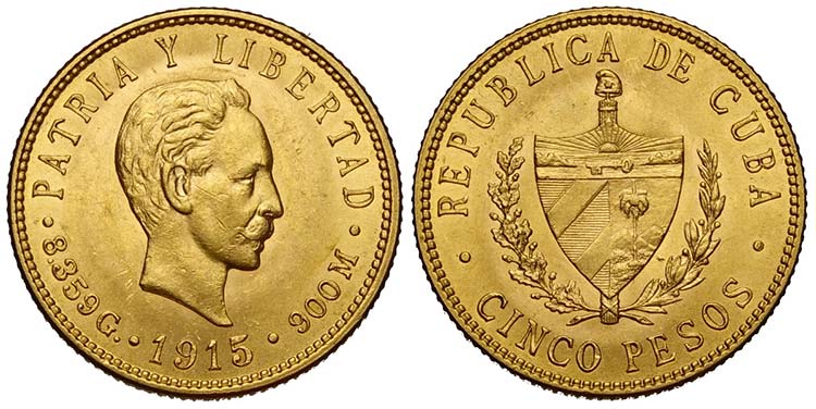 Cuba, Republic, 5 Pesos 1915, Au ... 