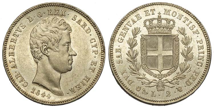 Savoia, Carlo Alberto, 2 Lire 1844 ... 