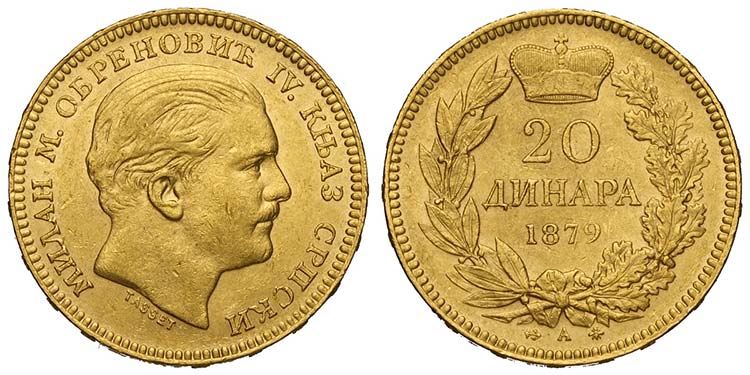 Serbia, Milan I, 20 Dinara 1879-A, ... 