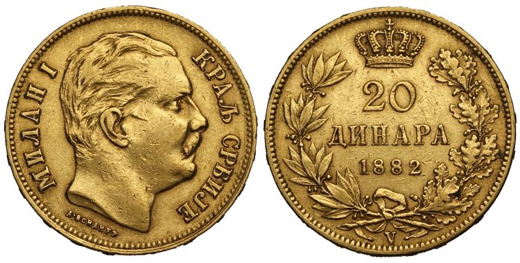 Serbia, Milan I, 20 Dinara 1882-V, ... 