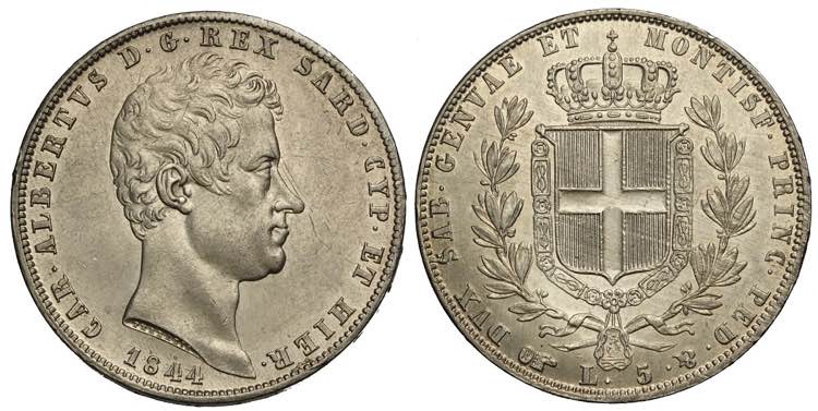 Savoia, Carlo Alberto, 5 Lire 1844 ... 