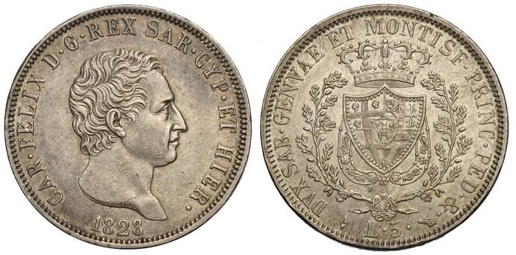Savoia, Carlo Felice, 5 Lire 1828 ... 