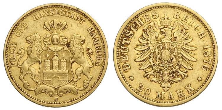 Germany, Hamburg, 20 Mark 1876-J ... 