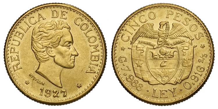 Colombia, Republic, 5 Pesos 1927, ... 