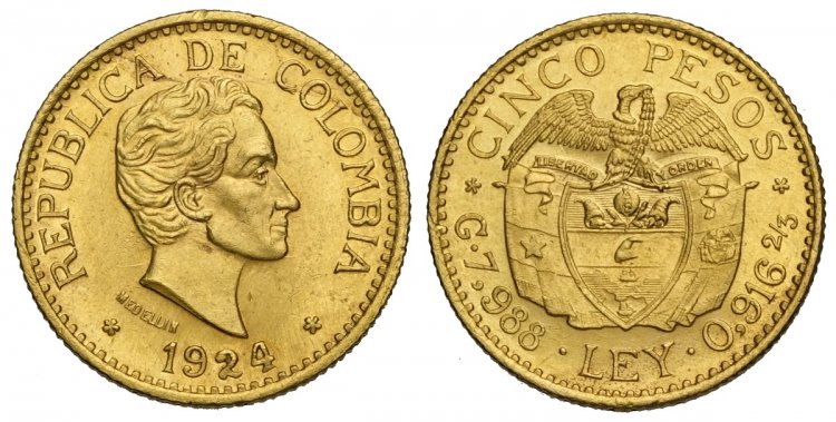 Colombia, Republic, 5 Pesos 1924, ... 