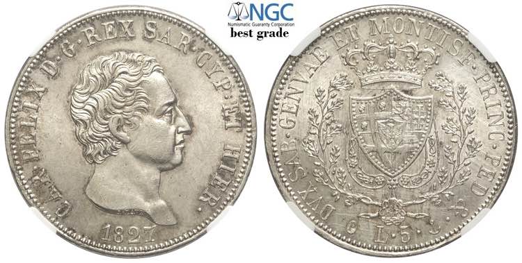 Savoia, Carlo Felice, 5 Lire 1827 ... 