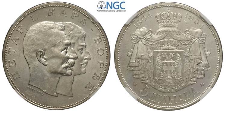 Serbia, Peter I, 5 Dinara 1904 ... 