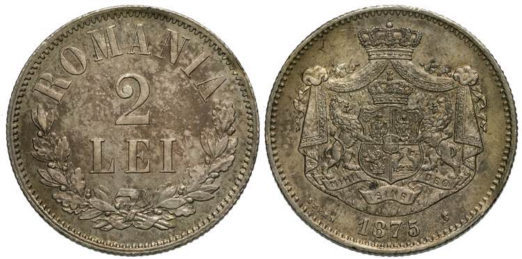 Romania, Carol I, 2 Lei 1875, Ag ... 