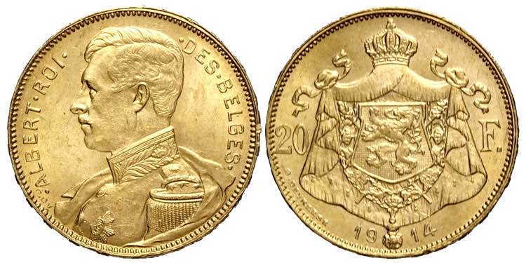 Belgium, Albert I, 20 Francs 1914 ... 