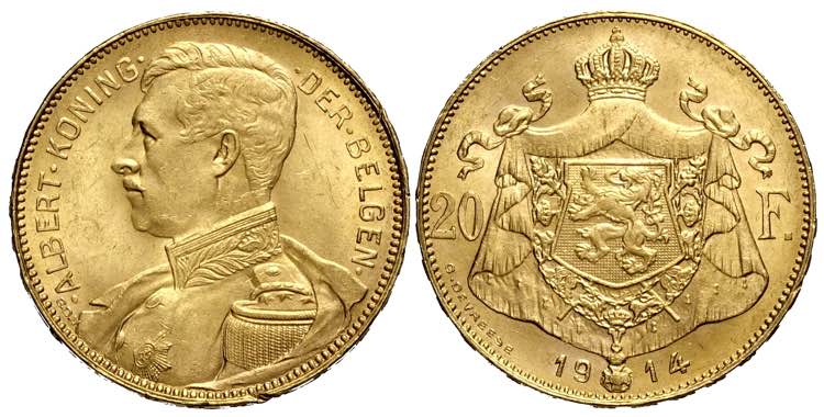 Belgium, Albert I, 20 Francs 1914 ... 